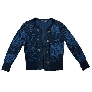 Peruvian Connection Womens XS Double Button Cardigan Sweater Blue Floral Cotton
